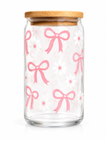 Pink Heart Bows & White Daisies Glass Cup 16oz