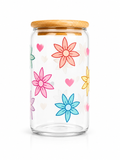 Colorful Flowers & Hearts Glass Cup 16oz