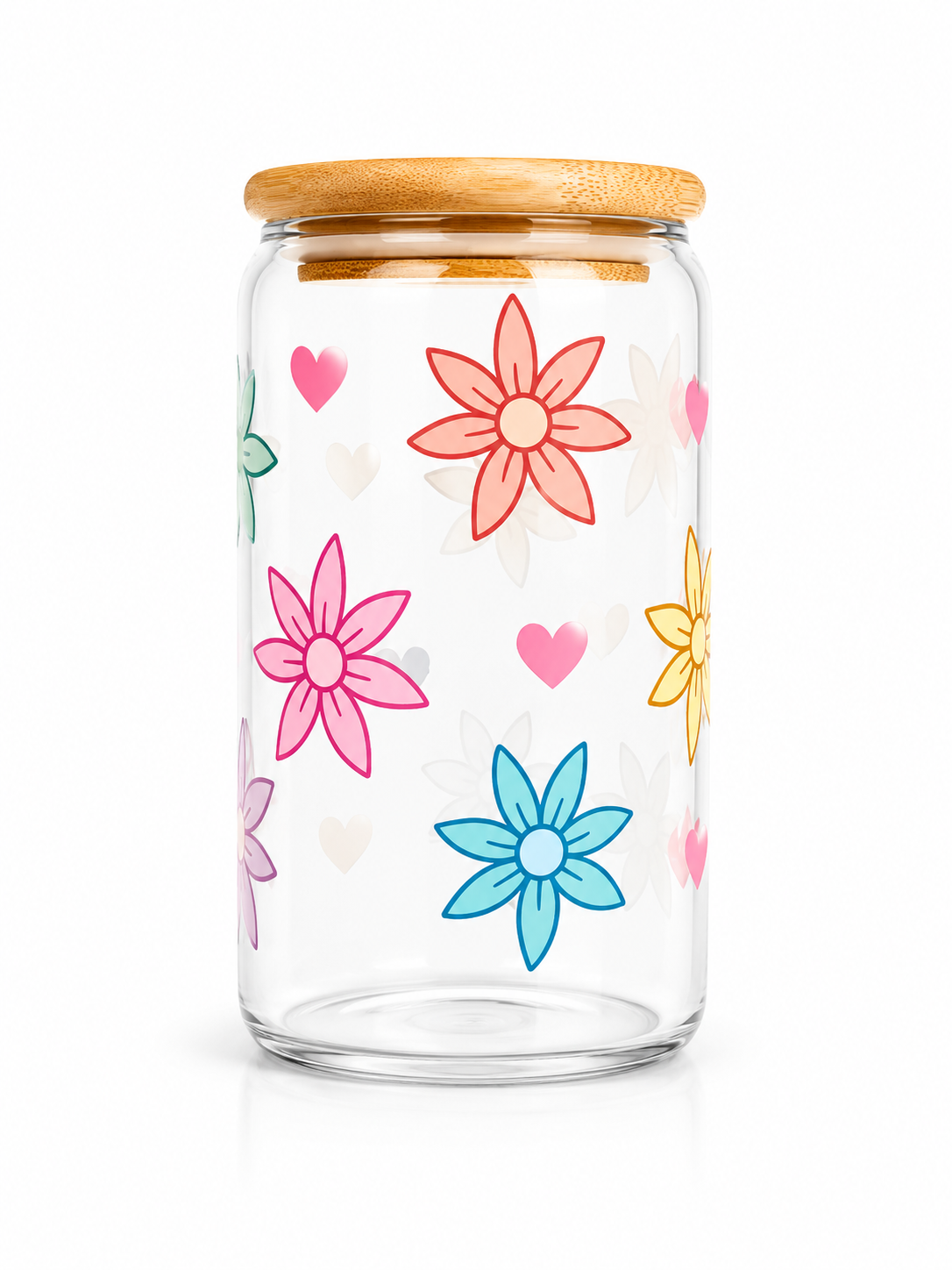 Colorful Flowers & Hearts Glass Cup 16oz